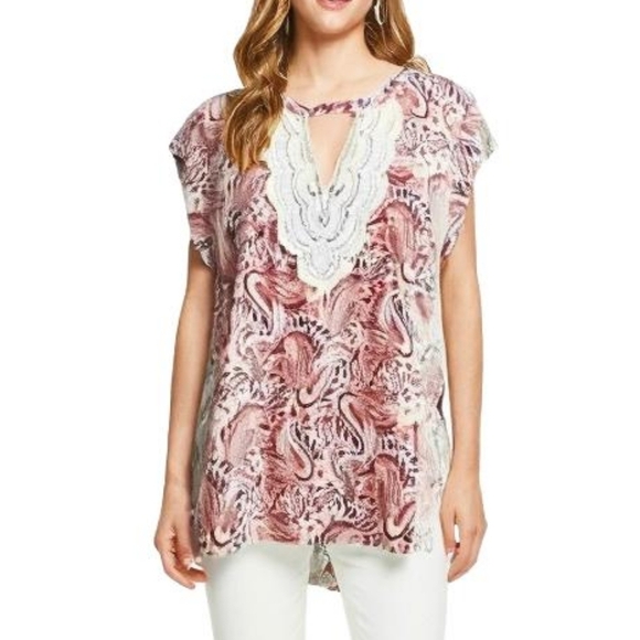 DANIEL Rainn Top Crochet Paisley Boho Peasant Print Cream Orange Brown Women's M - Picture 1 of 11